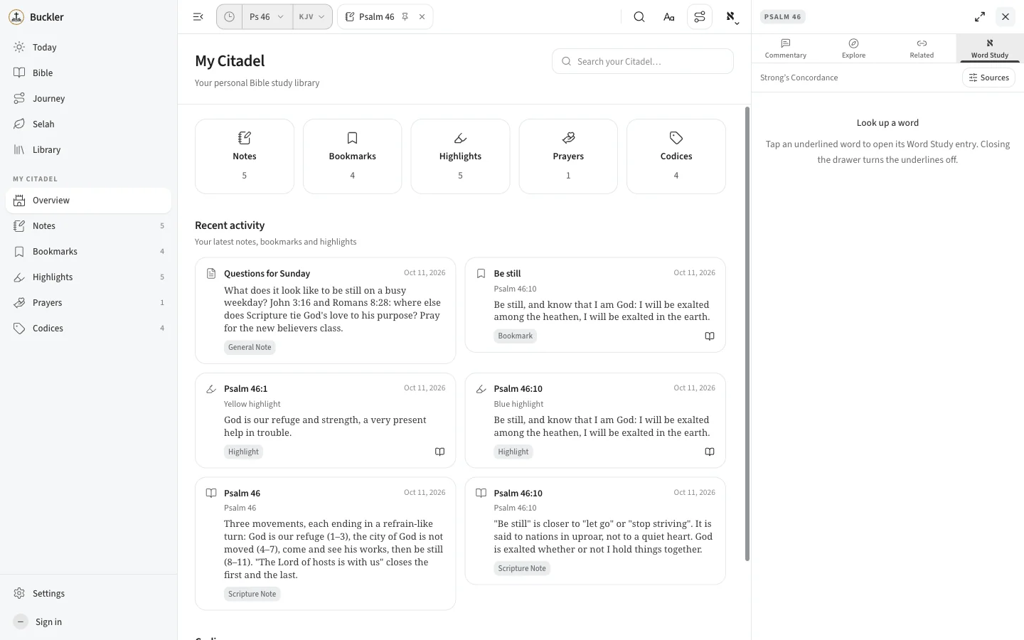 My Citadel overview with counts of notes, bookmarks, highlights and prayers, and a feed of recent activity