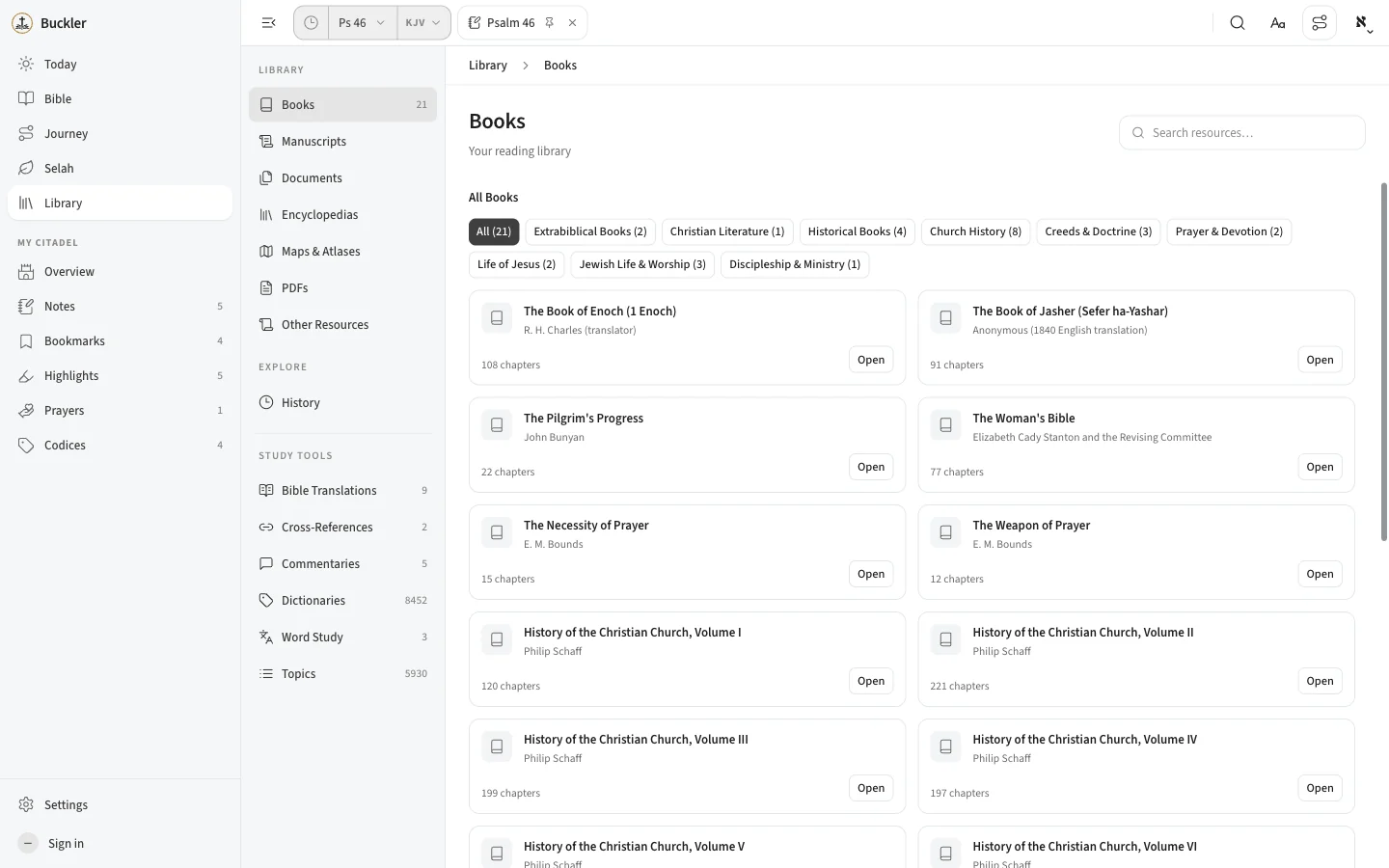 The Buckler library listing books such as The Pilgrim’s Progress and works by E. M. Bounds and Philip Schaff, with study tools in the sidebar