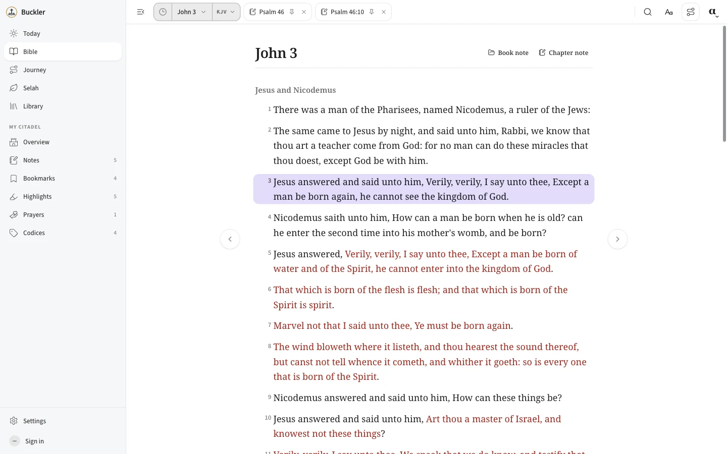 John 3 in the Buckler reader, with a section heading, the words of Jesus in red and a verse highlighted in purple