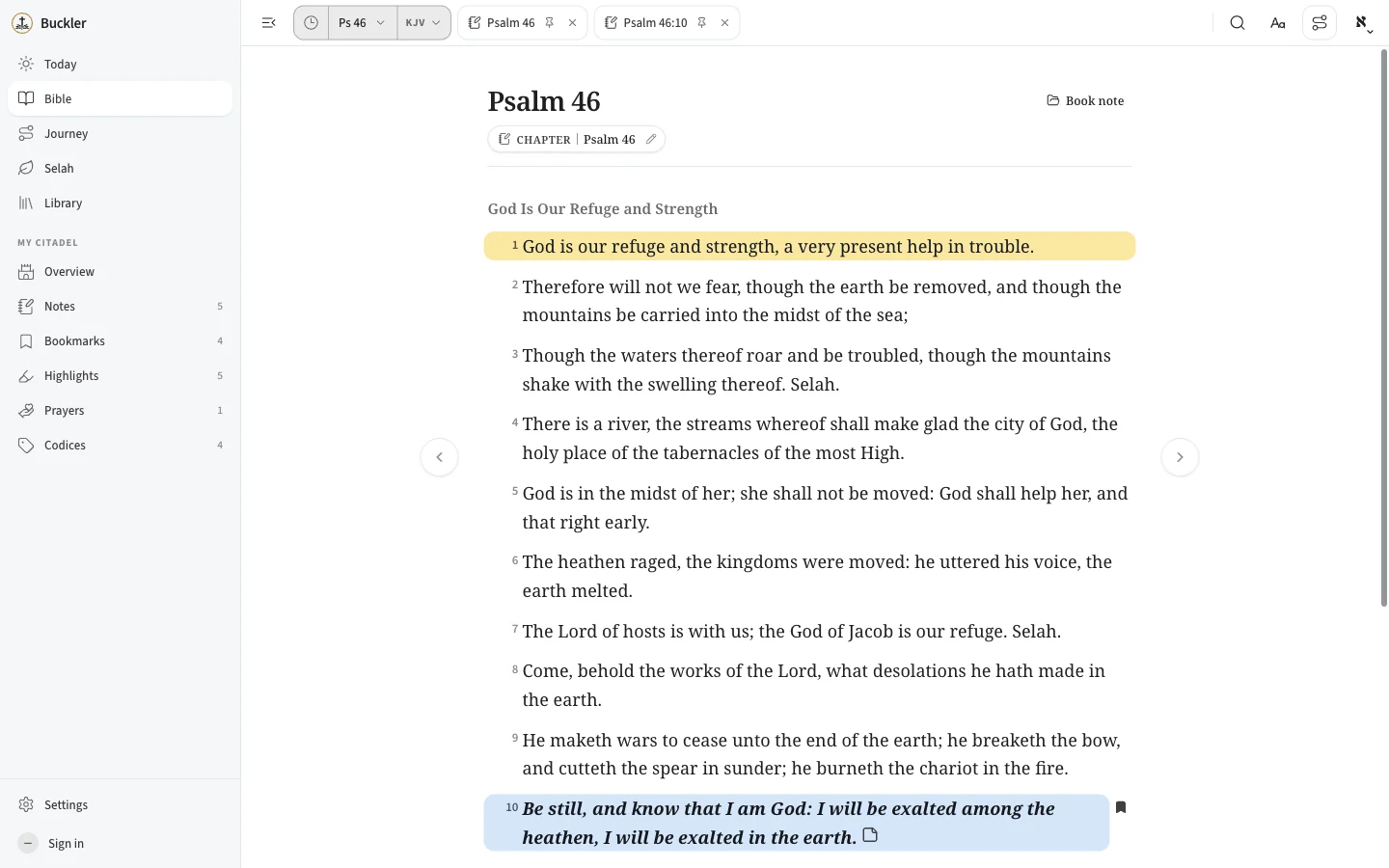 Psalm 46 in the Buckler reader, with one verse highlighted in yellow, another in blue, and a bookmark and note marker beside verse 10