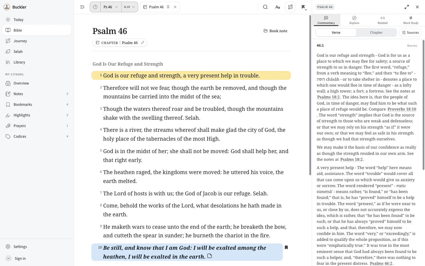 Barnes’ commentary on Psalm 46:1 open in the study panel, with the verse still highlighted in the reader beside it
